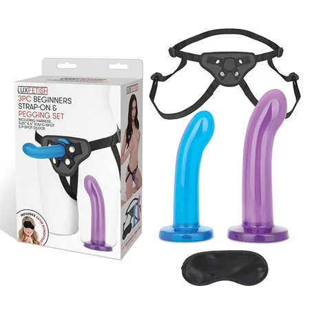 Lux Fetish 3 pc Beginners Strap On & Pegging Set - Multi Color