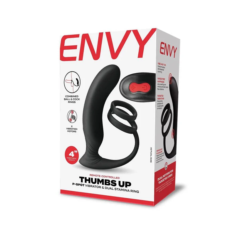 Envy Thumbs Up P-Spot Vibrator & Dual Stamina Ring - Black USB Rechargeable Prostate Massager with Wireless Remote