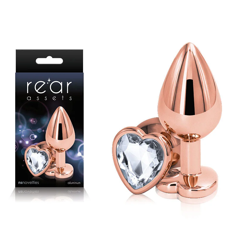 Rear Assets Rose Gold Heart Medium Butt Plug - Clear