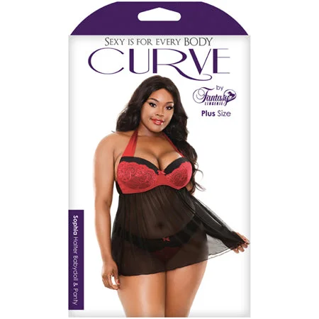 Curve Sophia Halter Babydoll & Panty- Red & Black- 3X-4X