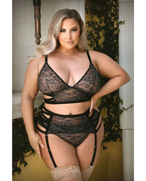 Tease Kelsey Criss Cross Metallic Lace Bralette, Garterbelt & Panty Black