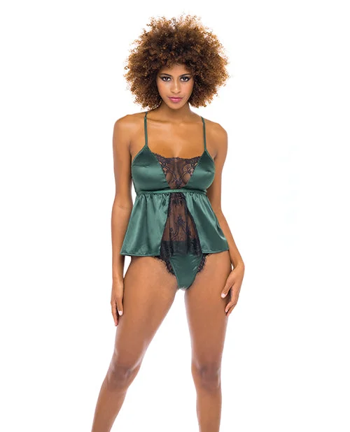 Cammi Eyelash & Satin Cami W/tanga Panty Dark Green/black