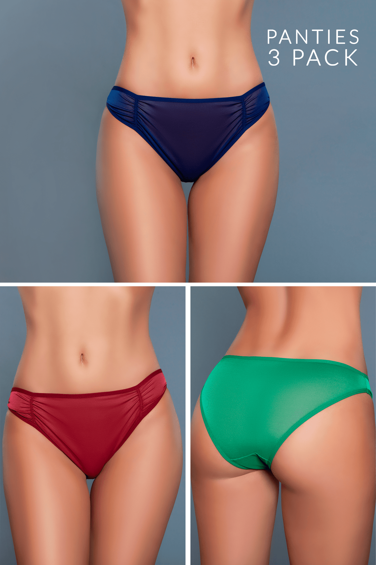 Kendra Ruched Mesh Brazilian 3 Pack Panties