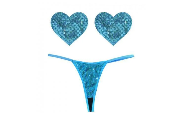 Mahi Mahi Blue Sequin G-String and Heart Pastie Set