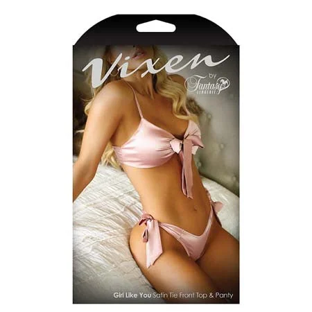 Vixen Girl Like You Satin Tie Front Top & Side Tie Panty- L-XL